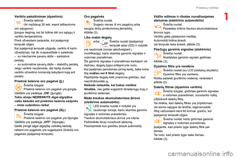 CITROEN JUMPER SPACETOURER 2021  Eksploatavimo vadovas (in Lithuanian) 17
Prietaisų rodikliai
1Variklio pakaitinimas (dyzelinio)Šviečia laikinai
(iki maždaug 30 sek. esant atšiaurioms 
oro sąlygoms)
Įjungus degimą, kai tai būtina dėl oro sąlygų ir 
variklio t
