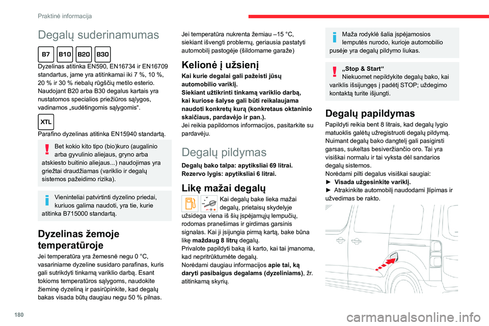 CITROEN JUMPER SPACETOURER 2021  Eksploatavimo vadovas (in Lithuanian) 180
Praktinė informacija
Degalų suderinamumas  
Dyzelinas atitinka EN590, EN16734 ir EN16709 standartus, jame yra atitinkamai iki 7 %, 10 %, 20 % ir 30 % riebalų rūgščių metilo esterio. Naudoja