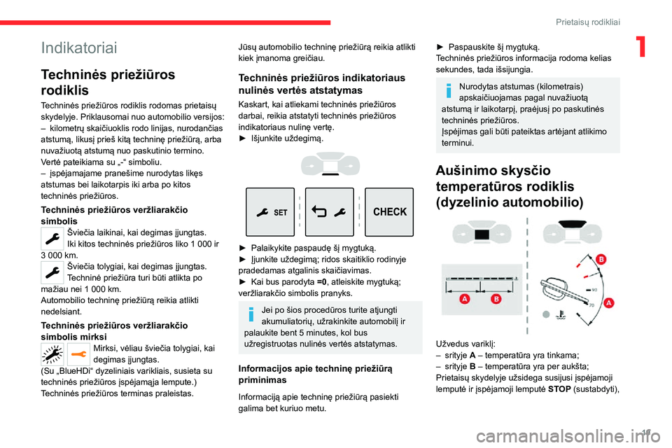 CITROEN JUMPER SPACETOURER 2021 Eksploatavimo vadovas (in Lithuanian) 19
Prietaisų rodikliai
1Indikatoriai
Techninės priežiūros
rodiklis
Techninės priežiūros rodiklis rodomas prietaisų
skydelyje. Priklausomai nuo automobilio versijos:
– kilometrų skaičiuok CITROEN JUMPER SPACETOURER 2021 Eksploatavimo vadovas (in Lithuanian) 19
Prietaisų rodikliai
1Indikatoriai
Techninės priežiūros
rodiklis
Techninės priežiūros rodiklis rodomas prietaisų
skydelyje. Priklausomai nuo automobilio versijos:
– kilometrų skaičiuok