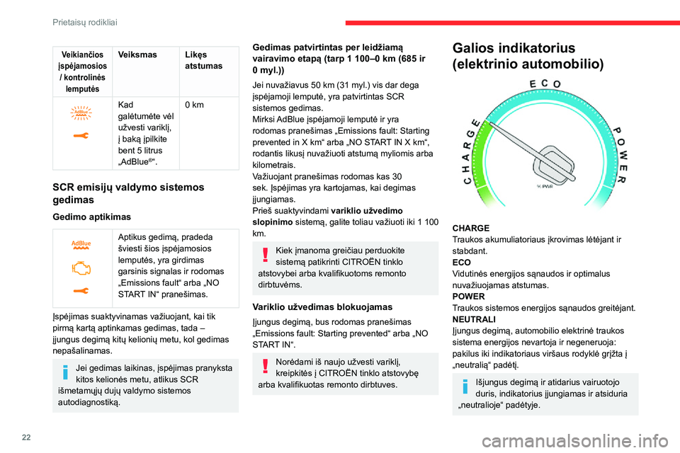 CITROEN JUMPER SPACETOURER 2021  Eksploatavimo vadovas (in Lithuanian) 22
Prietaisų rodikliai
Įkrovos lygio rodiklis 
(elektrinio automobilio)
 
 
Paleidus variklį nuolat rodoma traukos 
akumuliatoriaus įkrovos būsena ir likęs 
nuvažiuoti atstumas.
Kai variklis ne