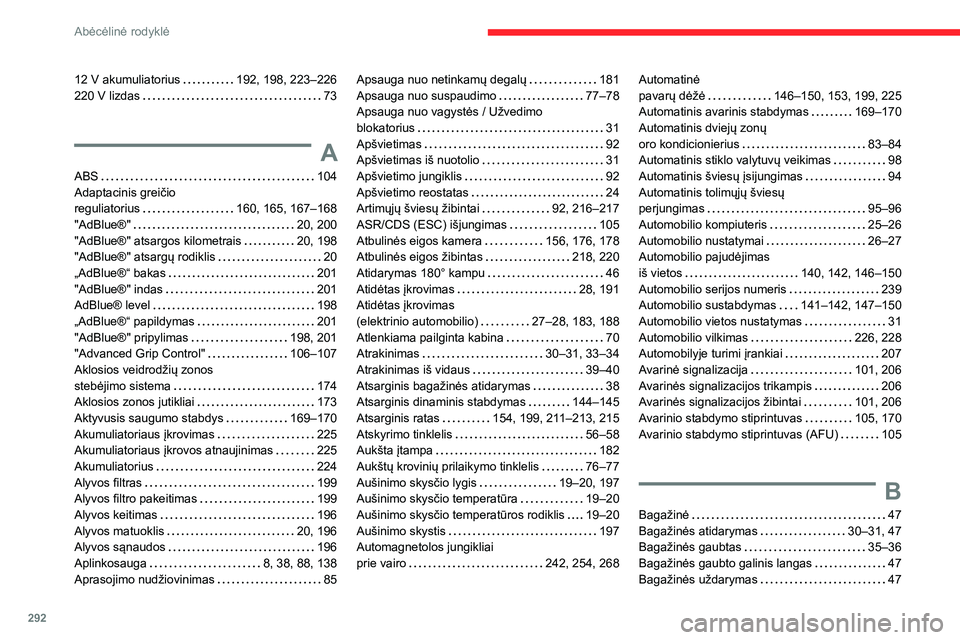 CITROEN JUMPER SPACETOURER 2021  Eksploatavimo vadovas (in Lithuanian) 292
Abėcėlinė rodyklė
12 V akumuliatorius   192, 198, 223–226220 V lizdas   73
A
ABS   104Adaptacinis greičio  reguliatorius   160, 165, 167–168
"AdBlue®"   20, 200"AdBlue®"