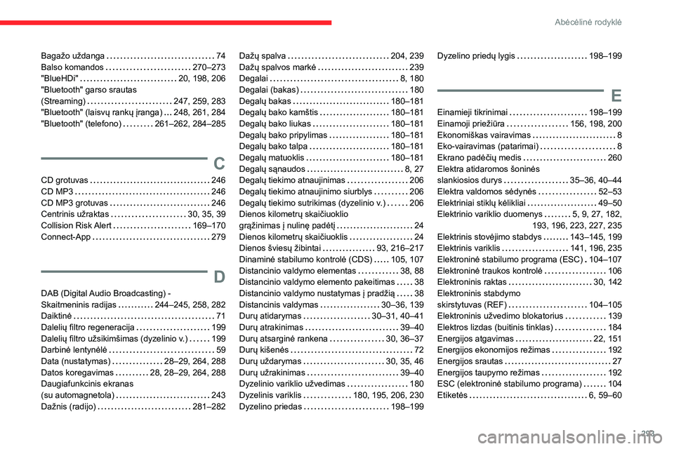 CITROEN JUMPER SPACETOURER 2021  Eksploatavimo vadovas (in Lithuanian) 293
Abėcėlinė rodyklė
Bagažo uždanga   74Balso komandos   270–273"BlueHDi"   20, 198, 206"Bluetooth" garso srautas  (Streaming)   247, 259, 283"Bluetooth" (laisvų rank