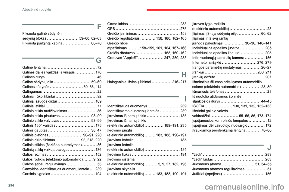 CITROEN JUMPER SPACETOURER 2021  Eksploatavimo vadovas (in Lithuanian) 294
Abėcėlinė rodyklė
F
Fiksuota galinė sėdynė ir  sėdynių blokas   59–60, 62–63Fiksuota pailginta kabina   68–70
G
Galinė lentyna   72Galinės dalies vaizdas iš viršaus   176Galinė