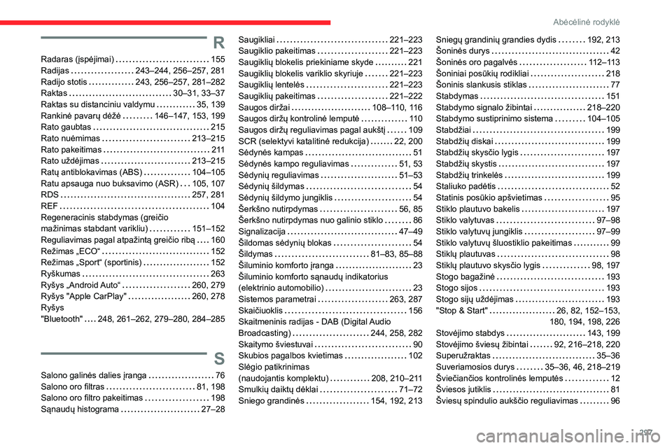 CITROEN JUMPER SPACETOURER 2021  Eksploatavimo vadovas (in Lithuanian) 297
Abėcėlinė rodyklė
R
Radaras (įspėjimai)   155Radijas   243–244, 256–257, 281Radijo stotis   243, 256–257, 281–282Raktas   30–31, 33–37Raktas su distanciniu valdymu   35, 139Ranki