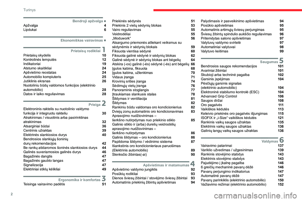 CITROEN JUMPER SPACETOURER 2021  Eksploatavimo vadovas (in Lithuanian) 2
Turinys
  ■
Bendroji apžvalgaApžvalga  4
Lipdukai  6
  ■
Ekonomiškas vairavimas
 1Prietaisų rodikliaiPrietaisų skydelis  10
Kontrolinės lemputės  12
Indikatoriai  19
Atstumo skaitikli