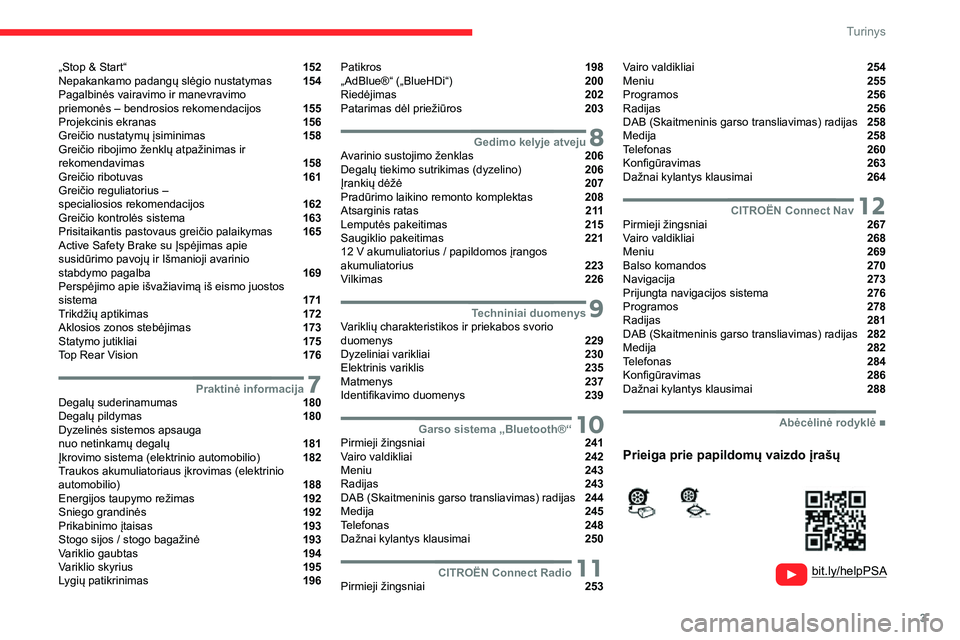 CITROEN JUMPER SPACETOURER 2021 Eksploatavimo vadovas (in Lithuanian) 3
Turinys
„Stop & Start“ 152
Nepakankamo padangų slėgio nustatymas 154
Pagalbinės vairavimo ir manevravimo
priemonės – bendrosios rekomendacijos
155
Projekcinis ekranas CITROEN JUMPER SPACETOURER 2021 Eksploatavimo vadovas (in Lithuanian) 3
Turinys
„Stop & Start“ 152
Nepakankamo padangų slėgio nustatymas 154
Pagalbinės vairavimo ir manevravimo
priemonės – bendrosios rekomendacijos
155
Projekcinis ekranas