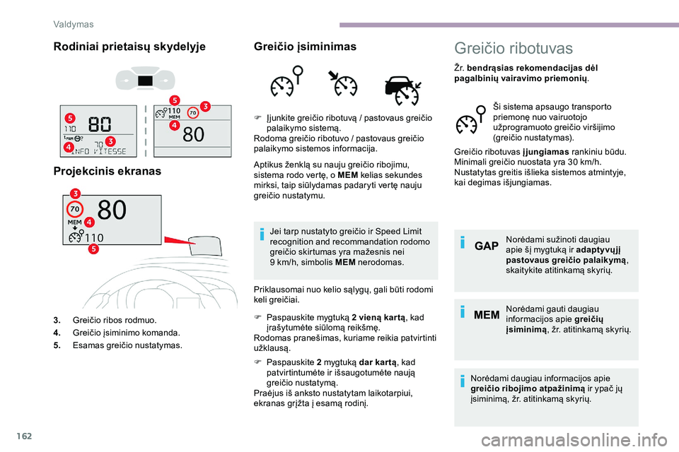 CITROEN JUMPER SPACETOURER 2020  Eksploatavimo vadovas (in Lithuanian) 162
Rodiniai prietaisų skydelyje
Projekcinis ekranas
3.Greičio ribos rodmuo.
4. Greičio įsiminimo komanda.
5. Esamas greičio nustatymas.
Greičio įsiminimas
Aptikus ženklą su nauju greičio ri