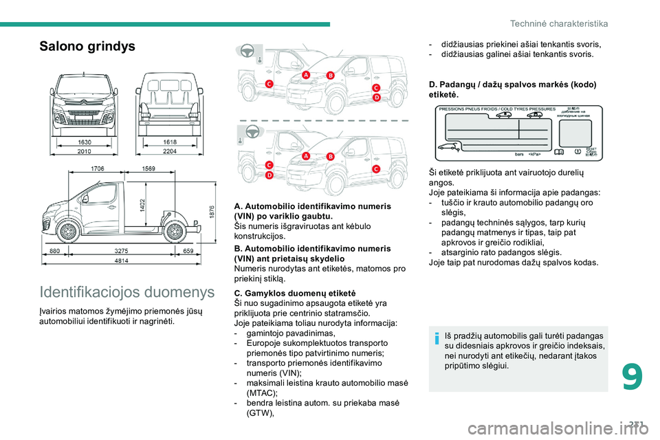 CITROEN JUMPER SPACETOURER 2020  Eksploatavimo vadovas (in Lithuanian) 231
Salono grindys
Identifikaciojos duomenys
Įvairios matomos žymėjimo priemonės jūsų 
automobiliui identifikuoti ir nagrinėti.A. Automobilio identifikavimo numeris 
(VIN) po variklio gaubtu.

