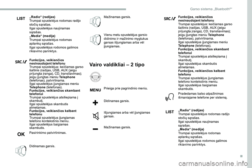 CITROEN JUMPER SPACETOURER 2020 Eksploatavimo vadovas (in Lithuanian) 3
„Radio“ (radijas)
Trumpai spustelėjus rodomas radijo
stočių sąrašas.
Ilgai spustelėjus naujinamas
sąrašas.
„Media“ (medija)
Trumpai spustelėjus rodomas
aplankų sąrašas.
Ilgai CITROEN JUMPER SPACETOURER 2020 Eksploatavimo vadovas (in Lithuanian) 3
„Radio“ (radijas)
Trumpai spustelėjus rodomas radijo
stočių sąrašas.
Ilgai spustelėjus naujinamas
sąrašas.
„Media“ (medija)
Trumpai spustelėjus rodomas
aplankų sąrašas.
Ilgai