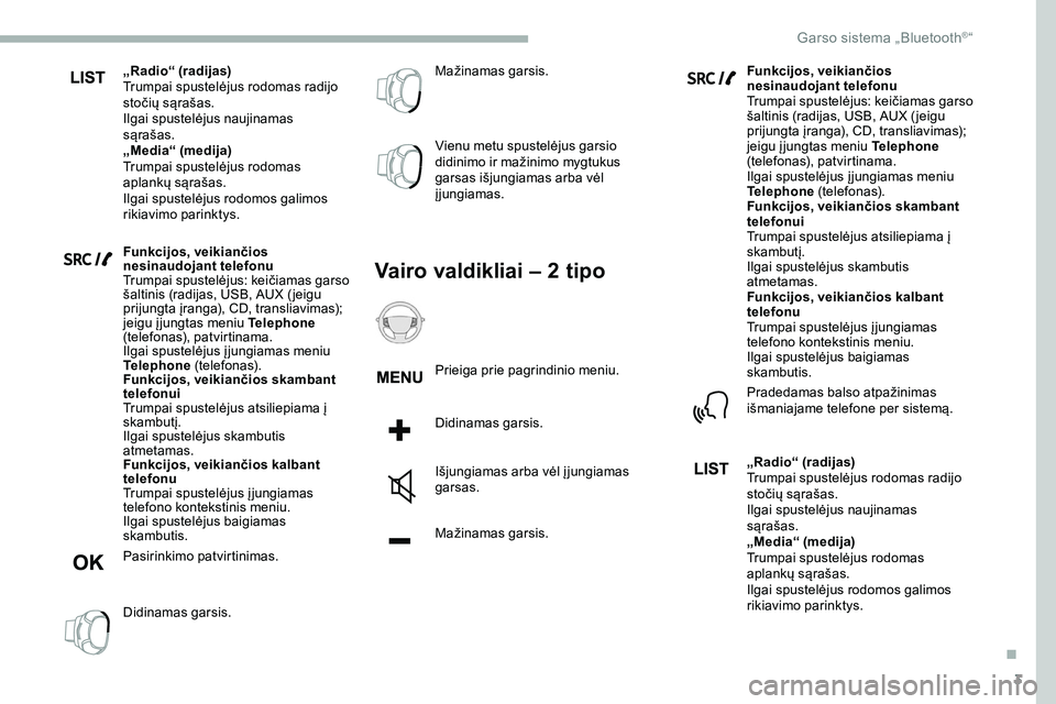 CITROEN JUMPER SPACETOURER 2020  Eksploatavimo vadovas (in Lithuanian) 3
„Radio“ (radijas)
Trumpai spustelėjus rodomas radijo 
stočių sąrašas.
Ilgai spustelėjus naujinamas 
sąrašas.
„Media“ (medija)
Trumpai spustelėjus rodomas 
aplankų sąrašas.
Ilgai 