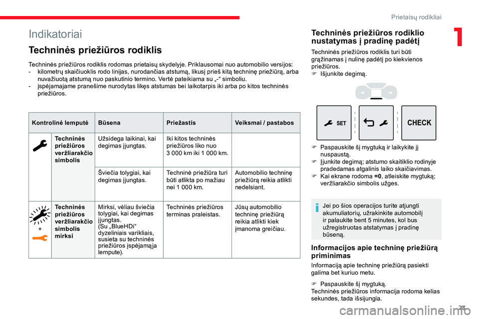 CITROEN JUMPER SPACETOURER 2020  Eksploatavimo vadovas (in Lithuanian) 23
Indikatoriai
Techninės priežiūros rodiklis
Techninės priežiūros rodiklis rodomas prietaisų skydelyje. Priklausomai nuo automobilio versijos:
- k ilometrų skaičiuoklis rodo linijas, nurodan