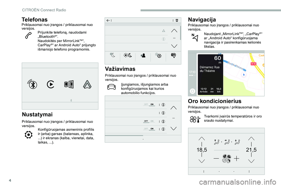 CITROEN JUMPER SPACETOURER 2020  Eksploatavimo vadovas (in Lithuanian) 4
21,518,5
TelefonasPriklausomai nuo įrangos / priklausomai nuo 
versijos.Prijunkite telefoną, naudodami 
„Bluetooth
®“.
Naudokitės per MirrorLinkTM“, 
CarPlay®“ ar Android Auto“ prijun