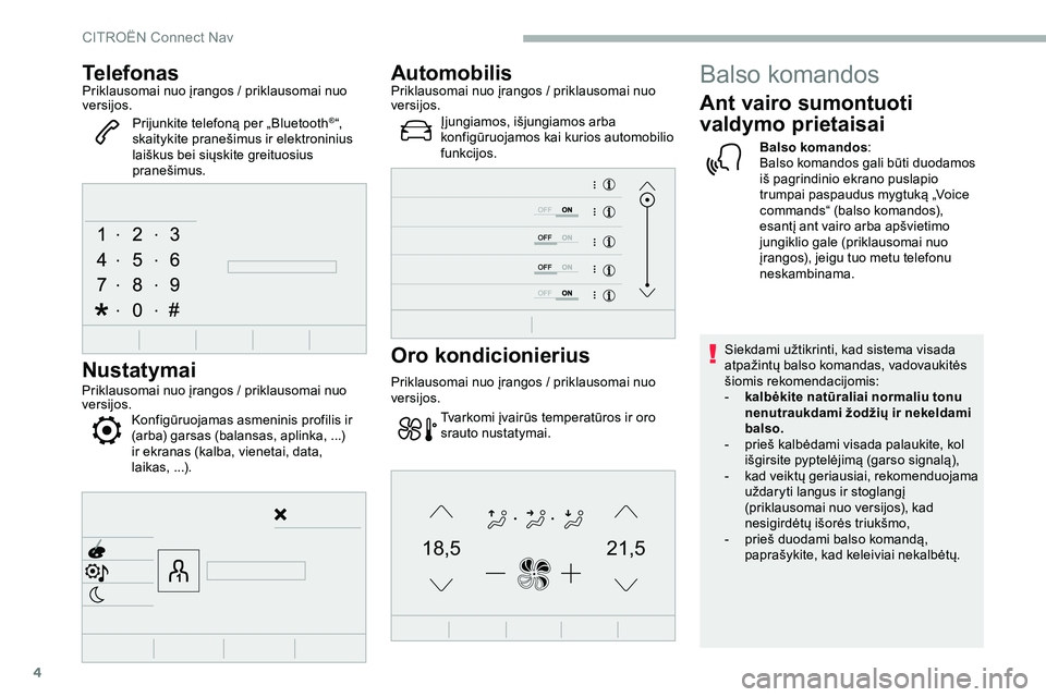 CITROEN JUMPER SPACETOURER 2020 Eksploatavimo vadovas (in Lithuanian) 4
21,518,5
TelefonasPriklausomai nuo įrangos / priklausomai nuo
v ersijos.
Prijunkite telefoną per „Bluetooth
®“,
skaitykite pranešimus ir elektroninius
laiškus bei siųskite greituosius
CITROEN JUMPER SPACETOURER 2020 Eksploatavimo vadovas (in Lithuanian) 4
21,518,5
TelefonasPriklausomai nuo įrangos / priklausomai nuo
v ersijos.
Prijunkite telefoną per „Bluetooth
®“,
skaitykite pranešimus ir elektroninius
laiškus bei siųskite greituosius