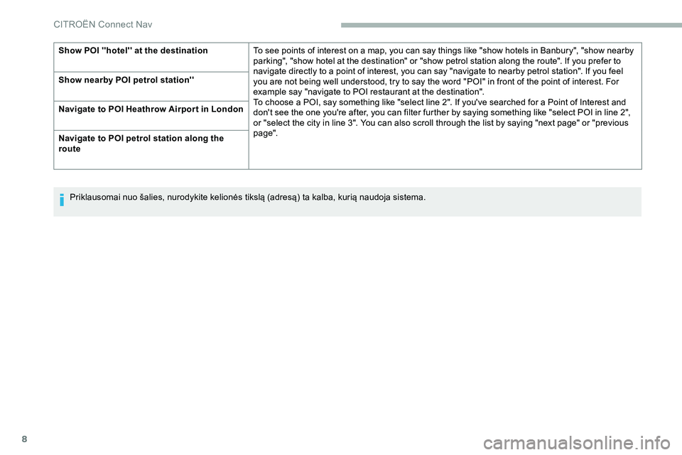 CITROEN JUMPER SPACETOURER 2020  Eksploatavimo vadovas (in Lithuanian) 8
Show POI ''hotel'' at the destinationTo see points of interest on a map, you can say things like "show hotels in Banbury", "show nearby 
parking", "show hotel at 
