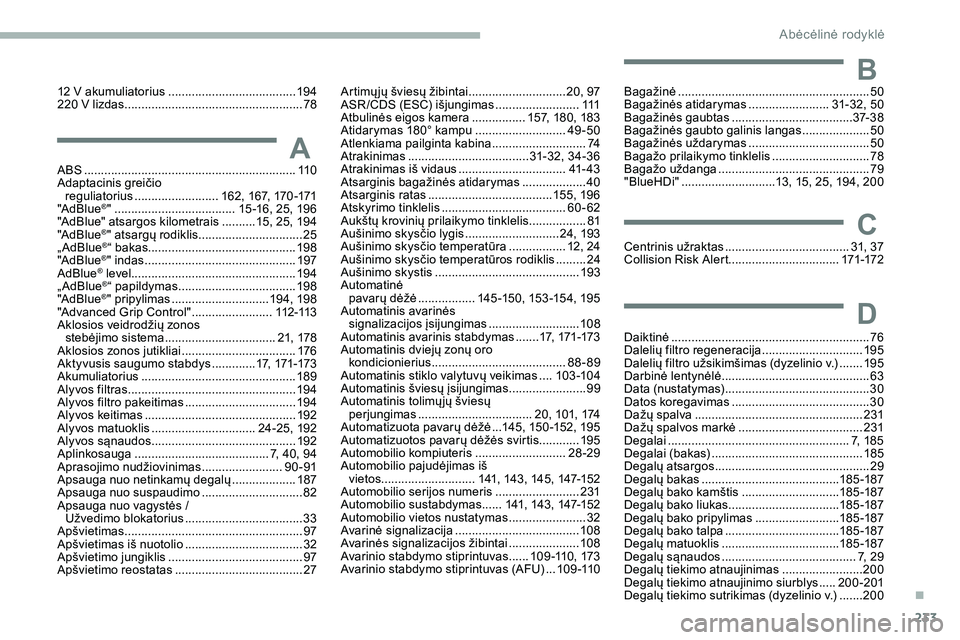 CITROEN JUMPER SPACETOURER 2020  Eksploatavimo vadovas (in Lithuanian) 233
ABS ...............................................................11 0
Adaptacinis greičio  reguliatorius
 ......................... 1

62, 167, 170 -171
"AdBlue
®" ....................