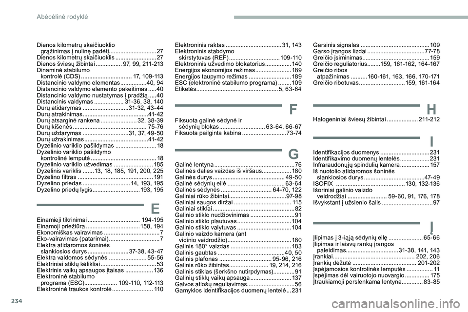 CITROEN JUMPER SPACETOURER 2020  Eksploatavimo vadovas (in Lithuanian) 234
G
H
I
Į
Galinė lentyna .................................................76
Galinės dalies vaizdas iš viršaus.................. 18 0
Galinės durys
 ...........................................