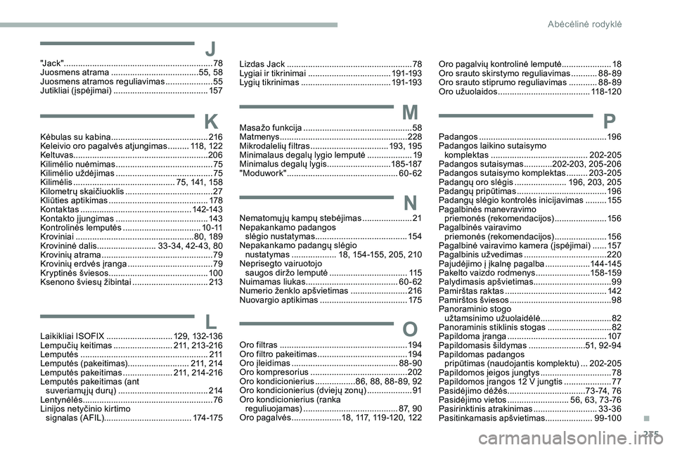 CITROEN JUMPER SPACETOURER 2020  Eksploatavimo vadovas (in Lithuanian) 235
J"J a c k " ...............................................................78
Juosmens atrama  .............................. .......55, 58
Juosmens atramos reguliavimas
 
................