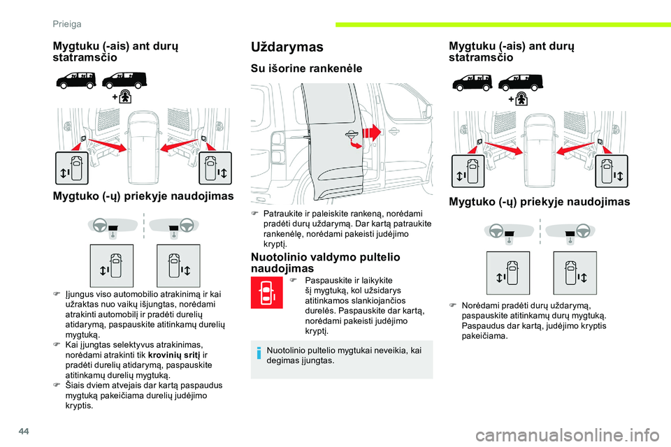 CITROEN JUMPER SPACETOURER 2020 Eksploatavimo vadovas (in Lithuanian) 44
Mygtuku (-ais) ant durų
statramsčio
Mygtuko (-ų) priekyje naudojimas
F Įjungus viso automobilio atrakinimą ir kai užraktas nuo vaikų išjungtas, norėdami
atrakinti automobilį ir pradėt CITROEN JUMPER SPACETOURER 2020 Eksploatavimo vadovas (in Lithuanian) 44
Mygtuku (-ais) ant durų
statramsčio
Mygtuko (-ų) priekyje naudojimas
F Įjungus viso automobilio atrakinimą ir kai užraktas nuo vaikų išjungtas, norėdami
atrakinti automobilį ir pradėt