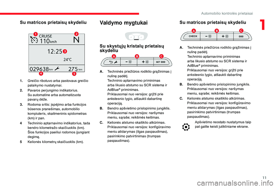 CITROEN JUMPER SPACETOURER 2018 Eksploatavimo vadovas (in Lithuanian) 11
Su matricos prietaisų skydeliu
1.Greičio ribotuvo arba pastovaus greičio
palaikymo nustatymai.
2. Pavaros perjungimo indikatorius.
Su automatine arba automatizuota
pavarų dėže.
3. Rodoma sr CITROEN JUMPER SPACETOURER 2018 Eksploatavimo vadovas (in Lithuanian) 11
Su matricos prietaisų skydeliu
1.Greičio ribotuvo arba pastovaus greičio
palaikymo nustatymai.
2. Pavaros perjungimo indikatorius.
Su automatine arba automatizuota
pavarų dėže.
3. Rodoma sr