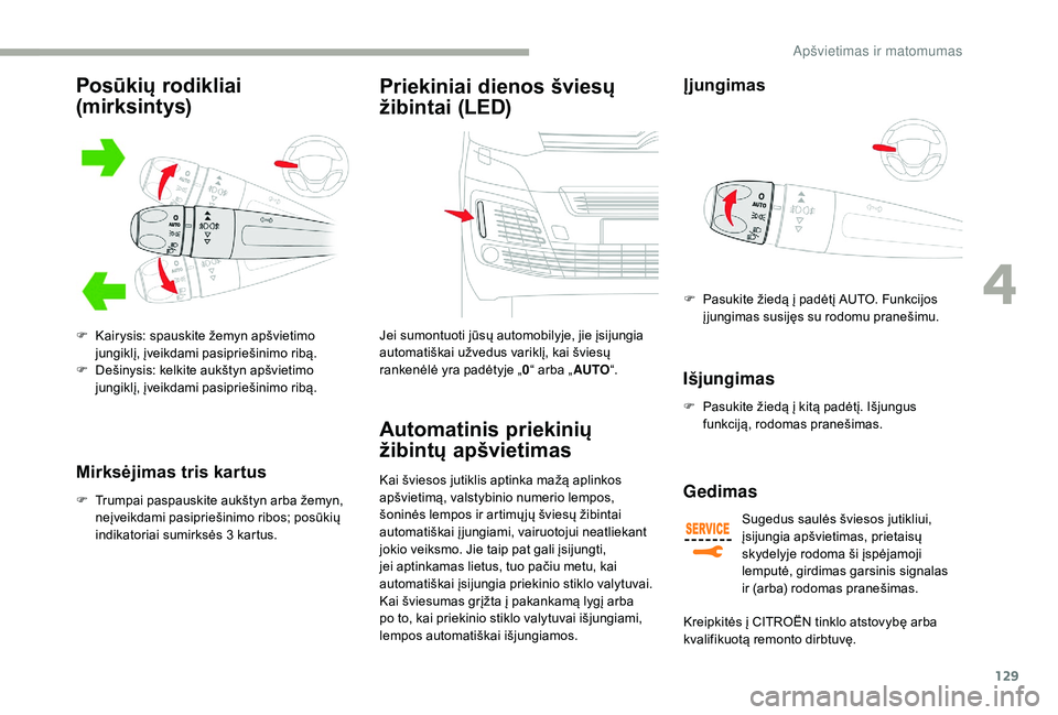 CITROEN JUMPER SPACETOURER 2018 Eksploatavimo vadovas (in Lithuanian) 129
Mirksėjimas tris kartus
F Trumpai paspauskite aukštyn arba žemyn, neįveikdami pasipriešinimo ribos; posūkių
indikatoriai sumirksės 3
kartus.
Priekiniai dienos šviesų
žibintai (LED)
CITROEN JUMPER SPACETOURER 2018 Eksploatavimo vadovas (in Lithuanian) 129
Mirksėjimas tris kartus
F Trumpai paspauskite aukštyn arba žemyn, neįveikdami pasipriešinimo ribos; posūkių
indikatoriai sumirksės 3
kartus.
Priekiniai dienos šviesų
žibintai (LED)