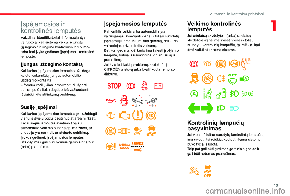 CITROEN JUMPER SPACETOURER 2018  Eksploatavimo vadovas (in Lithuanian) 13
Veikimo kontrolinės 
lemputės
Jei prietaisų skydelyje ir (arba) prietaisų 
skydelio ekrane ima šviesti viena iš toliau 
nurodytų kontrolinių lempučių, tai reiškia, kad 
ėmė veikti atit