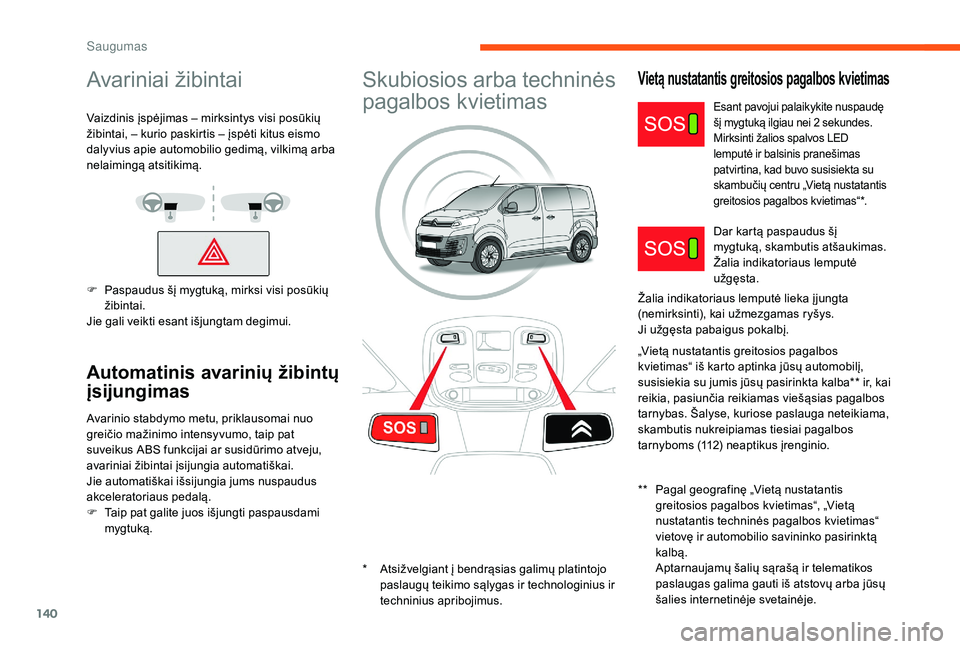 CITROEN JUMPER SPACETOURER 2018 Eksploatavimo vadovas (in Lithuanian) 140
Avariniai žibintai
Vaizdinis įspėjimas – mirksintys visi posūkių
žibintai, – kurio paskirtis – įspėti kitus eismo
dalyvius apie automobilio gedimą, vilkimą arba
nelaimingą atsi CITROEN JUMPER SPACETOURER 2018 Eksploatavimo vadovas (in Lithuanian) 140
Avariniai žibintai
Vaizdinis įspėjimas – mirksintys visi posūkių
žibintai, – kurio paskirtis – įspėti kitus eismo
dalyvius apie automobilio gedimą, vilkimą arba
nelaimingą atsi
