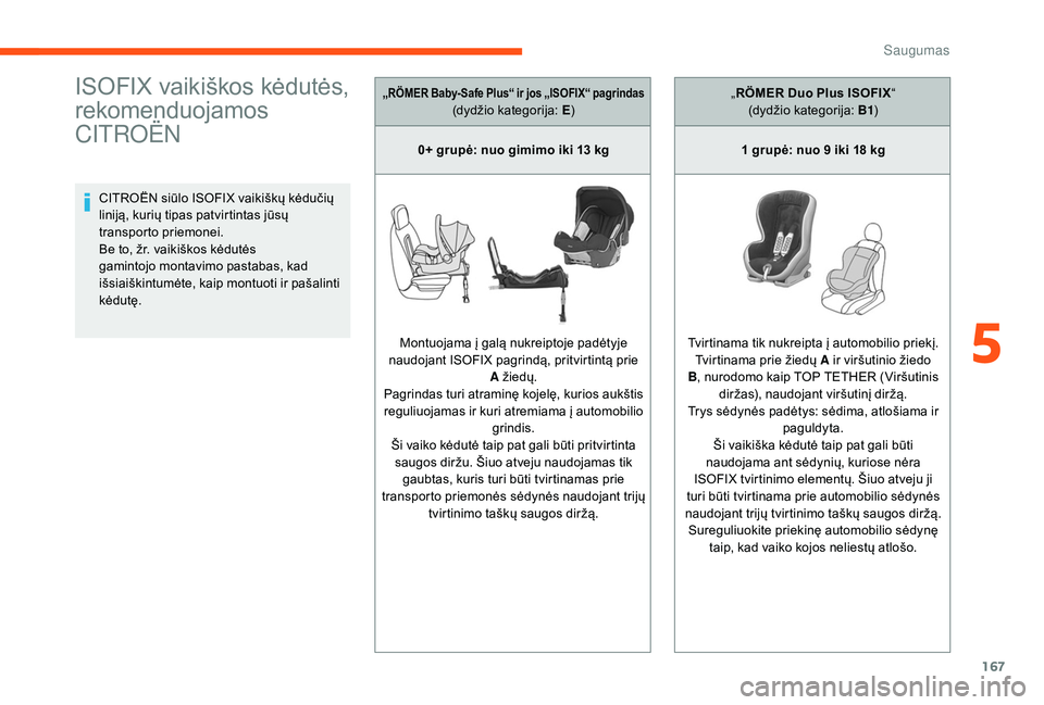 CITROEN JUMPER SPACETOURER 2018  Eksploatavimo vadovas (in Lithuanian) 167
ISOFIX vaikiškos kėdutės, 
rekomenduojamos 
CITROËN
CITROËN siūlo ISOFIX vaikiškų kėdučių 
liniją, kurių tipas patvirtintas jūsų 
transporto priemonei.
Be to, žr. vaikiškos kėdut