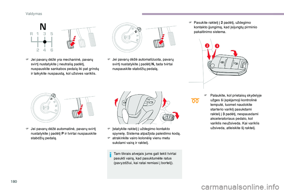 CITROEN JUMPER SPACETOURER 2018  Eksploatavimo vadovas (in Lithuanian) 180
F Jei pavarų dėžė yra mechaninė, pavarų svirtį nustatykite į neutralią padėtį, 
nuspauskite sankabos pedalą iki pat grindų 
ir laikykite nuspaustą, kol užsives variklis.
F
 
J
 ei p