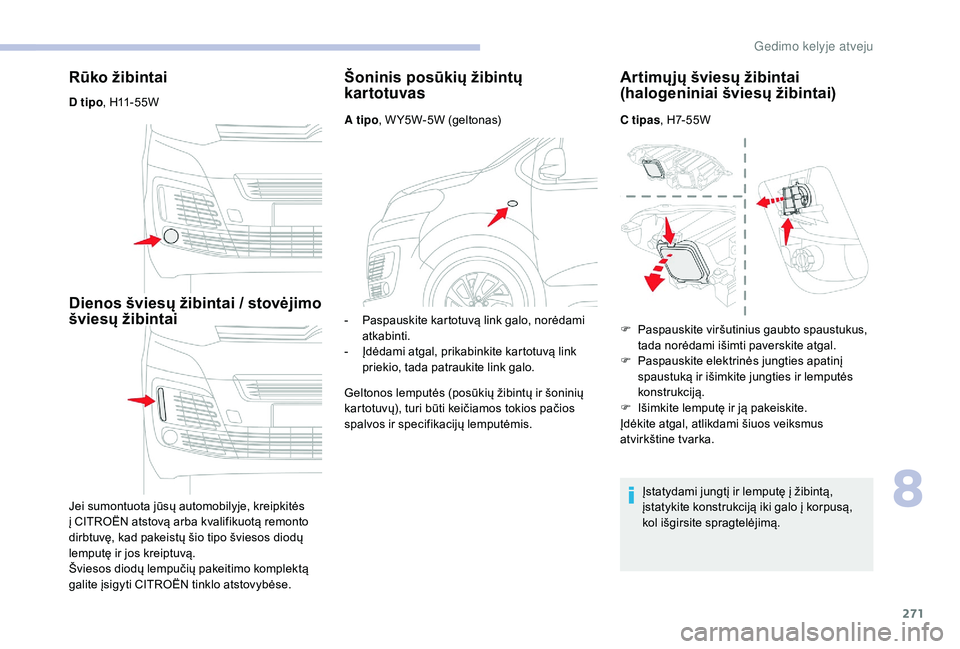 CITROEN JUMPER SPACETOURER 2018 Eksploatavimo vadovas (in Lithuanian) 271
Rūko žibintai
D tipo, H11-55W
Dienos šviesų žibintai / stovėjimo
šviesų žibintai
Jei sumontuota jūsų automobilyje, kreipkitės
į CITROËN atstovą arba kvalifikuotą remonto
dirbtuv CITROEN JUMPER SPACETOURER 2018 Eksploatavimo vadovas (in Lithuanian) 271
Rūko žibintai
D tipo, H11-55W
Dienos šviesų žibintai / stovėjimo
šviesų žibintai
Jei sumontuota jūsų automobilyje, kreipkitės
į CITROËN atstovą arba kvalifikuotą remonto
dirbtuv