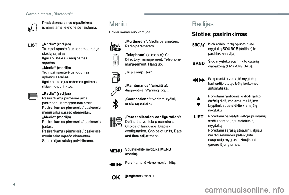 CITROEN JUMPER SPACETOURER 2018  Eksploatavimo vadovas (in Lithuanian) 4
Pradedamas balso atpažinimas 
išmaniajame telefone per sistemą.
„Radio“ (radijas)
Trumpai spustelėjus rodomas radijo 
stočių sąrašas.
Ilgai spustelėjus naujinamas 
sąrašas.
„Media�