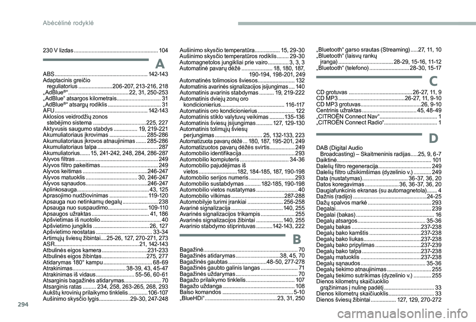 CITROEN JUMPER SPACETOURER 2018 Eksploatavimo vadovas (in Lithuanian) 294
ABS ...............................................................14 2-143
Adaptacinis greičio reguliatorius
....................... 2
06 -207, 213 -216, 218
„ AdBlue
®“ ................ CITROEN JUMPER SPACETOURER 2018 Eksploatavimo vadovas (in Lithuanian) 294
ABS ...............................................................14 2-143
Adaptacinis greičio reguliatorius
....................... 2
06 -207, 213 -216, 218
„ AdBlue
®“ ................