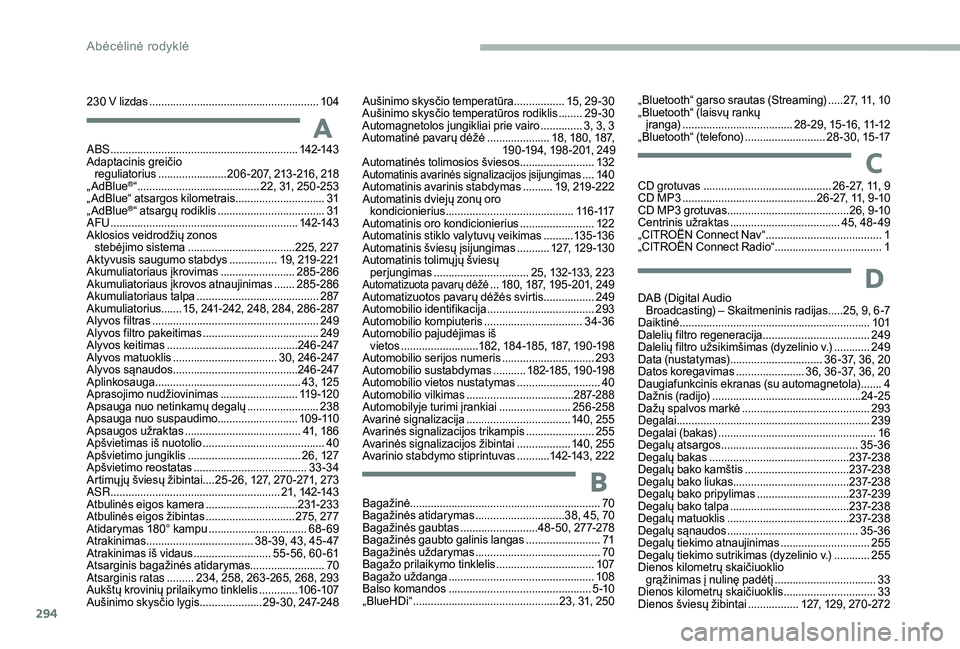 CITROEN JUMPER SPACETOURER 2018  Eksploatavimo vadovas (in Lithuanian) 294
ABS ...............................................................14 2-143
Adaptacinis greičio  reguliatorius
 ....................... 2

06 -207, 213 -216, 218
„ AdBlue
®“ ................