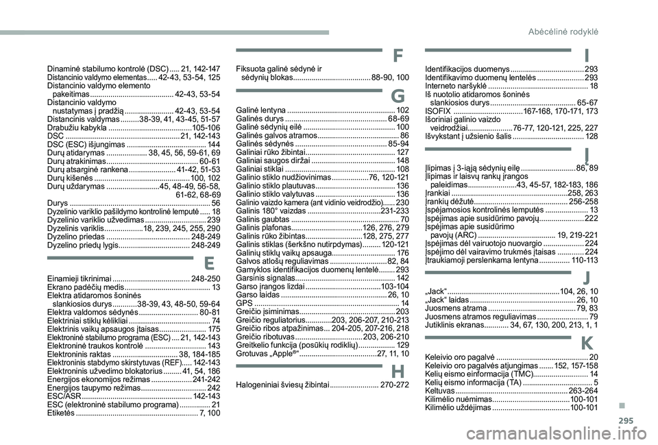 CITROEN JUMPER SPACETOURER 2018  Eksploatavimo vadovas (in Lithuanian) 295
Einamieji tikrinimai ......................................24 8-250
Ekrano padėčių medis  .......................................... 13
E
lektra atidaromos šoninės slankiosios durys
 ........