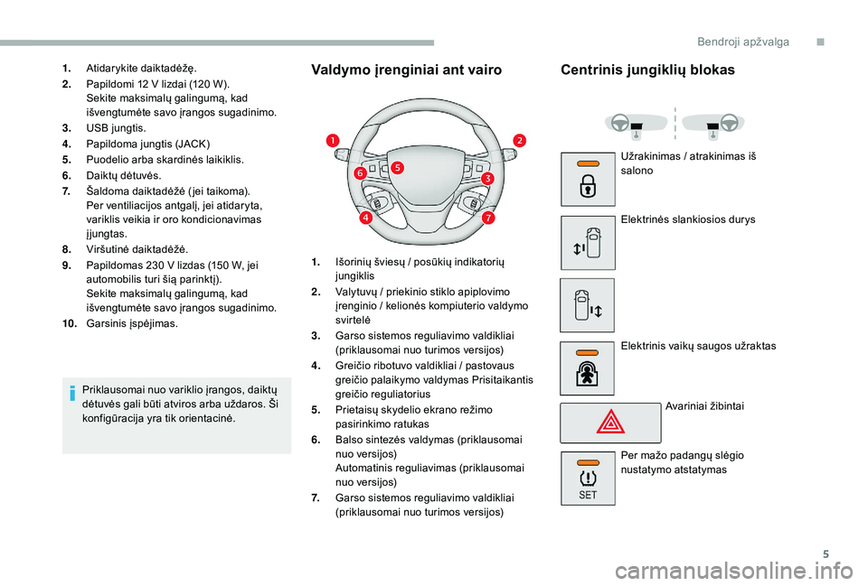 CITROEN JUMPER SPACETOURER 2018  Eksploatavimo vadovas (in Lithuanian) 5
1.Atidarykite daiktadėžę.
2. Papildomi 12
  V lizdai (120   W).
Sekite maksimalų galingumą, kad 
išvengtumėte savo įrangos sugadinimo.
3. USB jungtis.
4. Papildoma jungtis (JACK)
5. Puodelio