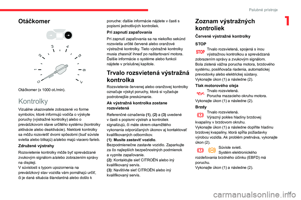 CITROEN BERLINGO VAN 2021 Návod na použitie (in Slovak) 11
Palubné prístroje
1Otáčkomer
Otáčkomer (x 1000 ot./min).
Kontrolky
Vizuálne ukazovatele zobrazené vo forme
symbolov, ktoré informujú vodiča o výskyte
poruchy (výstražné kont CITROEN BERLINGO VAN 2021 Návod na použitie (in Slovak) 11
Palubné prístroje
1Otáčkomer
Otáčkomer (x 1000 ot./min).
Kontrolky
Vizuálne ukazovatele zobrazené vo forme
symbolov, ktoré informujú vodiča o výskyte
poruchy (výstražné kont