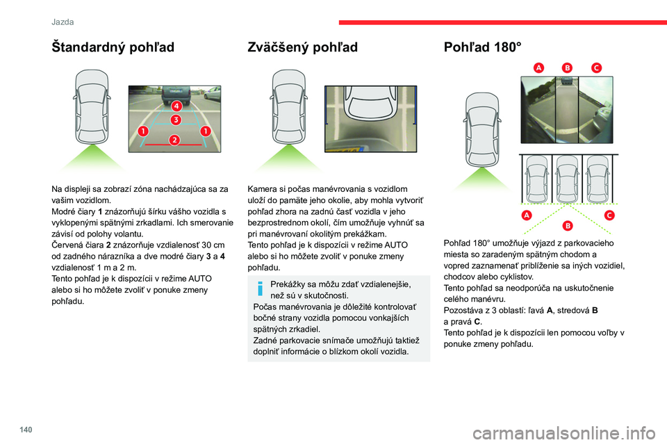 CITROEN BERLINGO VAN 2021  Návod na použitie (in Slovak) 140
Jazda
Park Assist
Pozrite si všeobecné odporúčania týkajúce sa 
použitia asistenčných systémov riadenia a 
manévrovania.
Tento systém poskytuje aktívnu pomoc pri 
parkovaní vozidiel 