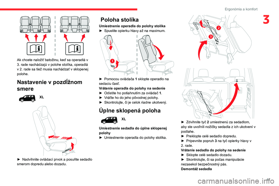 CITROEN BERLINGO VAN 2021 Návod na použitie (in Slovak) 45
Ergonómia a komfort
3
Ak chcete naložiť batožinu, keď sa operadlá v
3. rade nachádzajú v polohe stolíka, operadlá
v 2. rade sa tiež musia nachádzať v sklopenej
polohe.
Nastavenie CITROEN BERLINGO VAN 2021 Návod na použitie (in Slovak) 45
Ergonómia a komfort
3
Ak chcete naložiť batožinu, keď sa operadlá v
3. rade nachádzajú v polohe stolíka, operadlá
v 2. rade sa tiež musia nachádzať v sklopenej
polohe.
Nastavenie