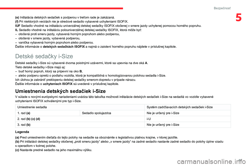 CITROEN BERLINGO VAN 2021  Návod na použitie (in Slovak) 93
Bezpečnosť
5(e) Inštalácia detských sedačiek s podperou v treťom rade je zakázaná.
(f) Pri niektorých verziách nie je stredové sedadlo vybavené uchyteniami ISOFIX.
IUF Sedadlo vhodné 