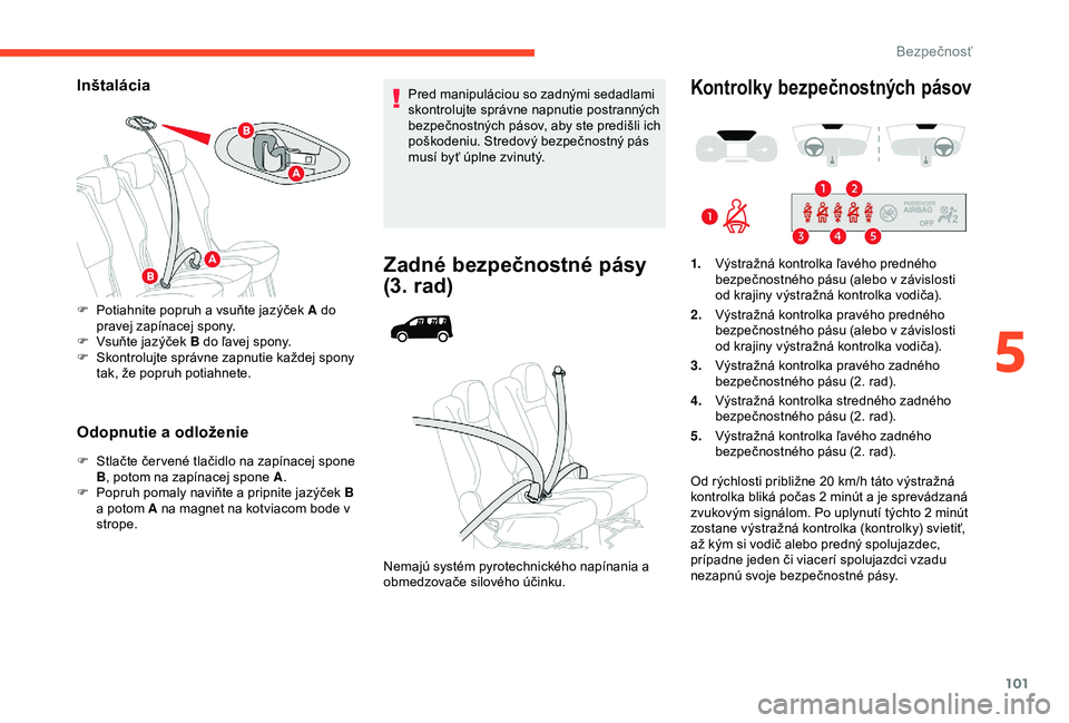 CITROEN BERLINGO VAN 2019  Návod na použitie (in Slovak) 101
Inštalácia
Odopnutie a odloženie
F Stlačte čer vené tlačidlo na zapínacej spone B, potom na zapínacej spone A .
F
 
P
 opruh pomaly naviňte a pripnite jazýček B 
a potom A na magnet na
