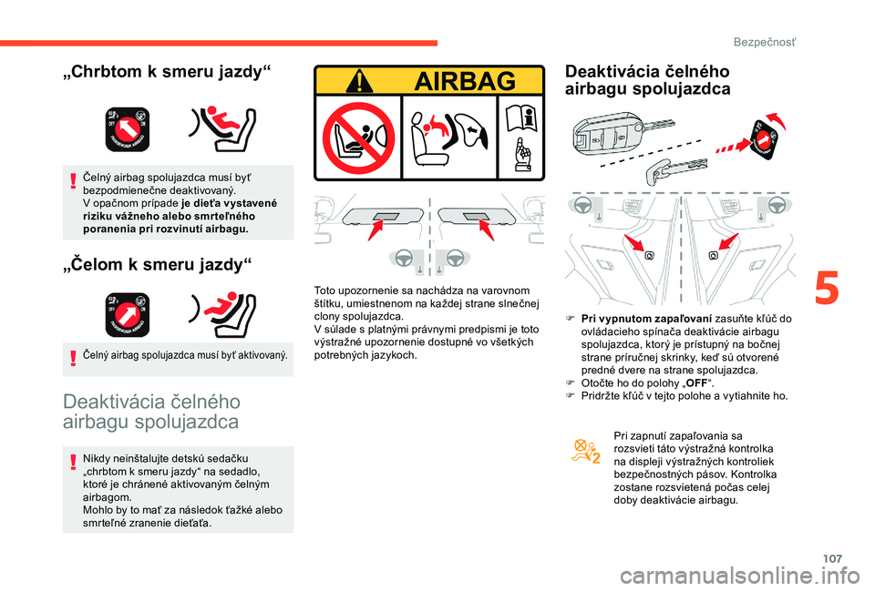 CITROEN BERLINGO VAN 2019  Návod na použitie (in Slovak) 107
Čelný airbag spolujazdca musí byť 
bezpodmienečne deaktivovaný. 
V  opačnom prípade je dieťa vystavené 
riziku vážneho alebo smr teľného 
poranenia pri rozvinutí airbagu.
„Čelom 