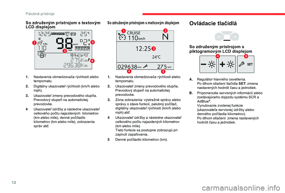 CITROEN BERLINGO VAN 2019  Návod na použitie (in Slovak) 12
So združeným prístrojom s textovým 
LCD displejom
1.Nastavenia obmedzovača rýchlosti alebo 
tempomatu.
2. Digitálny ukazovateľ rýchlosti (km/h alebo 
m p h).
3. Ukazovateľ zmeny prevodov