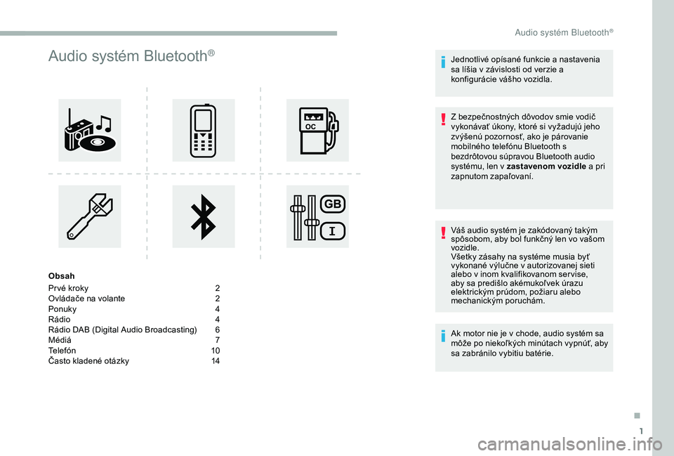 CITROEN BERLINGO VAN 2019 Návod na použitie (in Slovak) 1
Audio systém Bluetooth®
Obsah
Pr vé kroky
2
O
vládače na volante
2
P
onuky
4
R
ádio
4
R
ádio DAB (Digital Audio Broadcasting)
6
M
édiá
7
T
elefón
1
0
Často kladené otá CITROEN BERLINGO VAN 2019 Návod na použitie (in Slovak) 1
Audio systém Bluetooth®
Obsah
Pr vé kroky
2
O
vládače na volante
2
P
onuky
4
R
ádio
4
R
ádio DAB (Digital Audio Broadcasting)
6
M
édiá
7
T
elefón
1
0
Často kladené otá