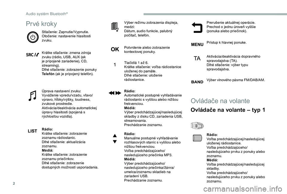 CITROEN BERLINGO VAN 2019 Návod na použitie (in Slovak) 2
Prvé kroky
Stlačenie: Zapnutie/ Vypnutie.
Otočenie: nastavenie hlasitosti
zvuku.
Krátke stlačenie: zmena zdroja
zvuku (rádio, USB, AUX (ak
je pripojené zariadenie), CD,
streaming).
Dlhé CITROEN BERLINGO VAN 2019 Návod na použitie (in Slovak) 2
Prvé kroky
Stlačenie: Zapnutie/ Vypnutie.
Otočenie: nastavenie hlasitosti
zvuku.
Krátke stlačenie: zmena zdroja
zvuku (rádio, USB, AUX (ak
je pripojené zariadenie), CD,
streaming).
Dlhé