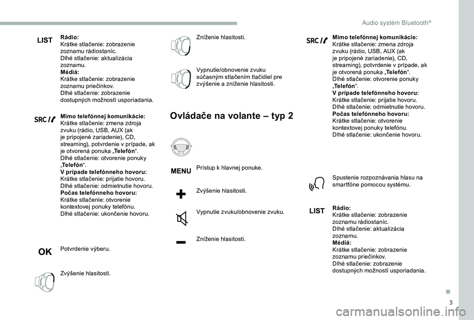CITROEN BERLINGO VAN 2019 Návod na použitie (in Slovak) 3
Rádio:
Krátke stlačenie: zobrazenie
zoznamu rádiostaníc.
Dlhé stlačenie: aktualizácia
zoznamu.
Médiá:
Krátke stlačenie: zobrazenie
zoznamu priečinkov.
Dlhé stlačenie: zobrazenie
d CITROEN BERLINGO VAN 2019 Návod na použitie (in Slovak) 3
Rádio:
Krátke stlačenie: zobrazenie
zoznamu rádiostaníc.
Dlhé stlačenie: aktualizácia
zoznamu.
Médiá:
Krátke stlačenie: zobrazenie
zoznamu priečinkov.
Dlhé stlačenie: zobrazenie
d