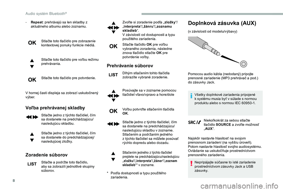 CITROEN BERLINGO VAN 2019 Návod na použitie (in Slovak) 8
- Repeat: prehrávajú sa len skladby z
aktuálneho albumu alebo zoznamu.
Stlačte toto tlačidlo pre zobrazenie
kontextovej ponuky funkcie médiá.
Stlačte toto tlačidlo pre voľbu režimu
pre CITROEN BERLINGO VAN 2019 Návod na použitie (in Slovak) 8
- Repeat: prehrávajú sa len skladby z
aktuálneho albumu alebo zoznamu.
Stlačte toto tlačidlo pre zobrazenie
kontextovej ponuky funkcie médiá.
Stlačte toto tlačidlo pre voľbu režimu
pre