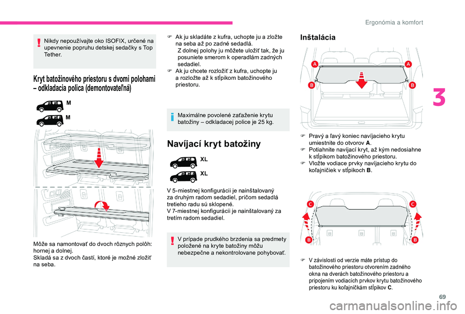 CITROEN BERLINGO VAN 2019 Návod na použitie (in Slovak) 69
Kryt batožinového priestoru s dvomi polohami
– odkladacia polica (demontovateľná)
M
M
Môže sa namontovať do dvoch rôznych polôh:
hornej a dolnej.
Skladá sa z dvoch častí, ktoré je CITROEN BERLINGO VAN 2019 Návod na použitie (in Slovak) 69
Kryt batožinového priestoru s dvomi polohami
– odkladacia polica (demontovateľná)
M
M
Môže sa namontovať do dvoch rôznych polôh:
hornej a dolnej.
Skladá sa z dvoch častí, ktoré je