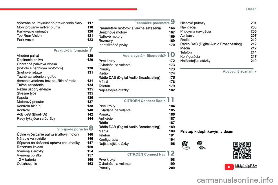 CITROEN C3 AIRCROSS 2021  Návod na použitie (in Slovak) 3
Obsah
  
  
bit.ly/helpPSA 
 
 
Výstraha neúmyselného prekročenia čiary  11 7
Monitorovanie mŕtveho uhla  11 8
Parkovacie snímače  120
Top Rear Vision  121
Park Assist  123
 7Praktické info