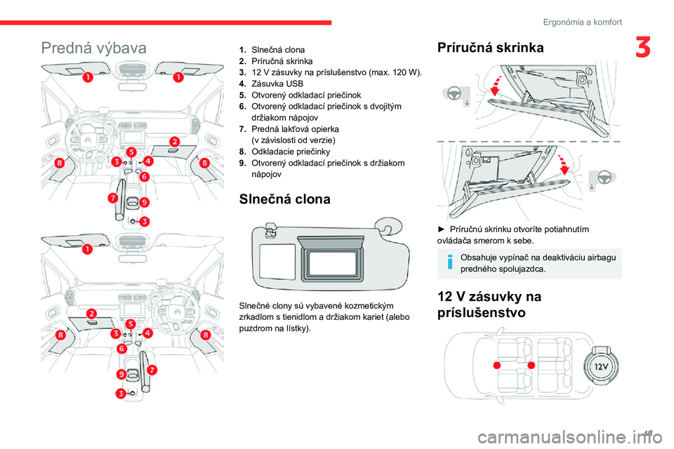 CITROEN C3 AIRCROSS 2021 Návod na použitie (in Slovak) 49
Ergonómia a komfort
3Predná výbava1.Slnečná clona
2. Príručná skrinka
3. 12 V zásuvky na príslušenstvo (max. 120 W).
4. Zásuvka USB
5. Otvorený odkladací priečinok
6. Otvorený odkla CITROEN C3 AIRCROSS 2021 Návod na použitie (in Slovak) 49
Ergonómia a komfort
3Predná výbava1.Slnečná clona
2. Príručná skrinka
3. 12 V zásuvky na príslušenstvo (max. 120 W).
4. Zásuvka USB
5. Otvorený odkladací priečinok
6. Otvorený odkla
