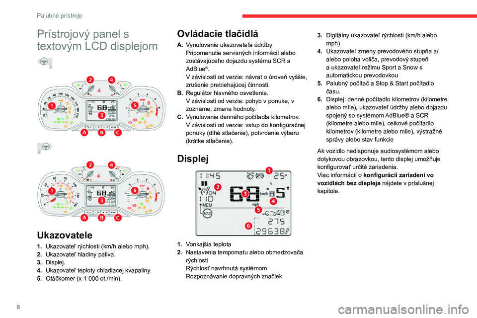 CITROEN C3 AIRCROSS 2021 Návod na použitie (in Slovak) 8
Palubné prístroje
Prístrojový panel s
textovým LCD displejom
Ukazovatele
1. Ukazovateľ rýchlosti (km/h alebo mph).
2. Ukazovateľ hladiny paliva.
3. Displej.
4. Ukazovateľ te CITROEN C3 AIRCROSS 2021 Návod na použitie (in Slovak) 8
Palubné prístroje
Prístrojový panel s
textovým LCD displejom
Ukazovatele
1. Ukazovateľ rýchlosti (km/h alebo mph).
2. Ukazovateľ hladiny paliva.
3. Displej.
4. Ukazovateľ te