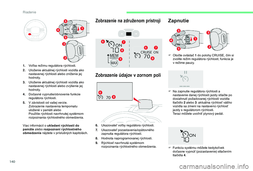 CITROEN C3 AIRCROSS 2019 Návod na použitie (in Slovak) 140
F Otočte ovládač 1 do polohy CRUISE, čím si zvolíte režim regulátora rýchlosti; funkcia je
v režime pauzy.
Viac informácií o ukladaní r ýchlostí do
pamäte alebo rozpoznaní r ý CITROEN C3 AIRCROSS 2019 Návod na použitie (in Slovak) 140
F Otočte ovládač 1 do polohy CRUISE, čím si zvolíte režim regulátora rýchlosti; funkcia je
v režime pauzy.
Viac informácií o ukladaní r ýchlostí do
pamäte alebo rozpoznaní r ý